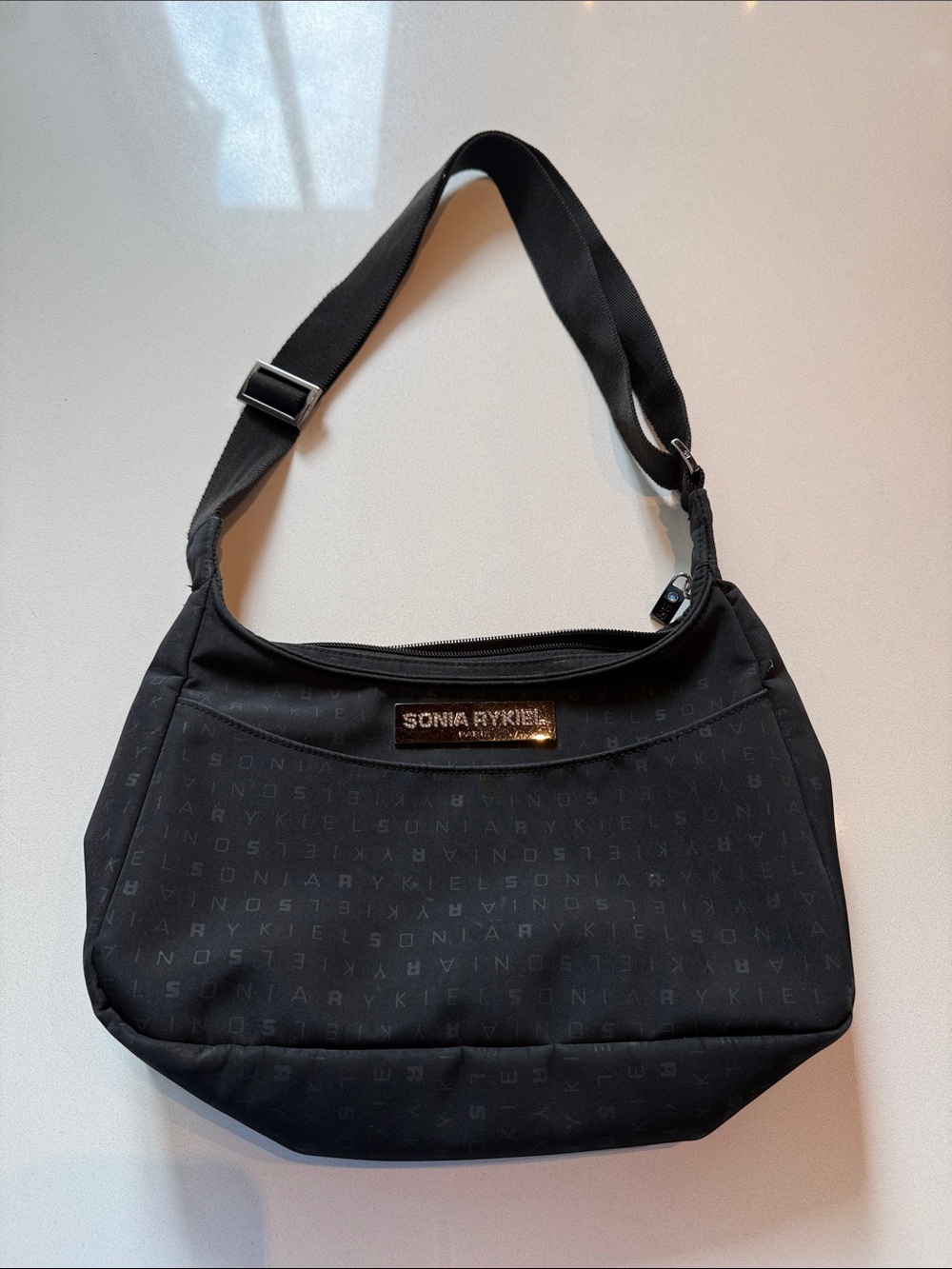 Sonia Rykiel Nylon Shoulder Bag, Monogrammed Pattern, Adjustable Strap, Black
